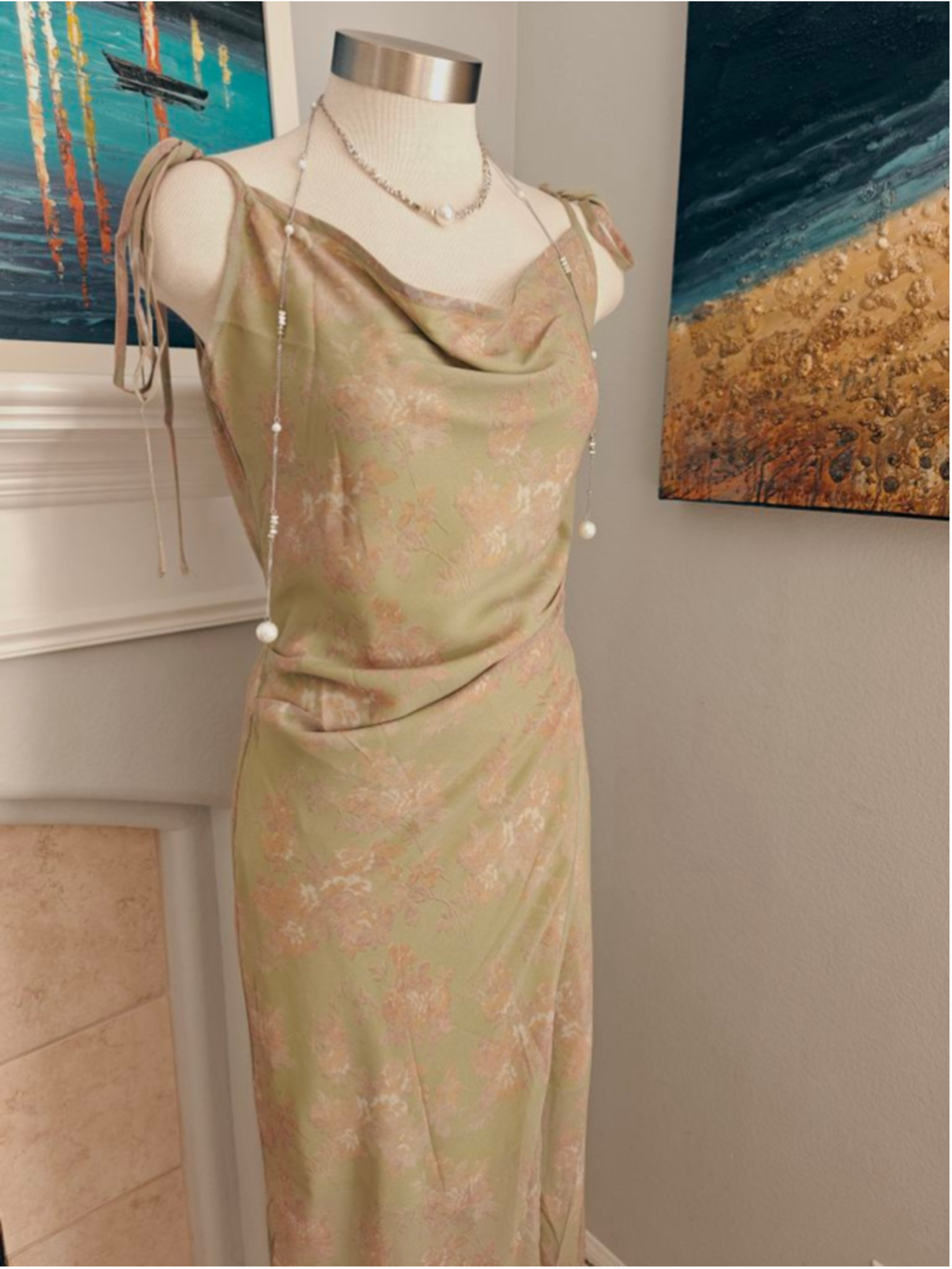 Women's Sage Green Peach Floral Maxi Dress